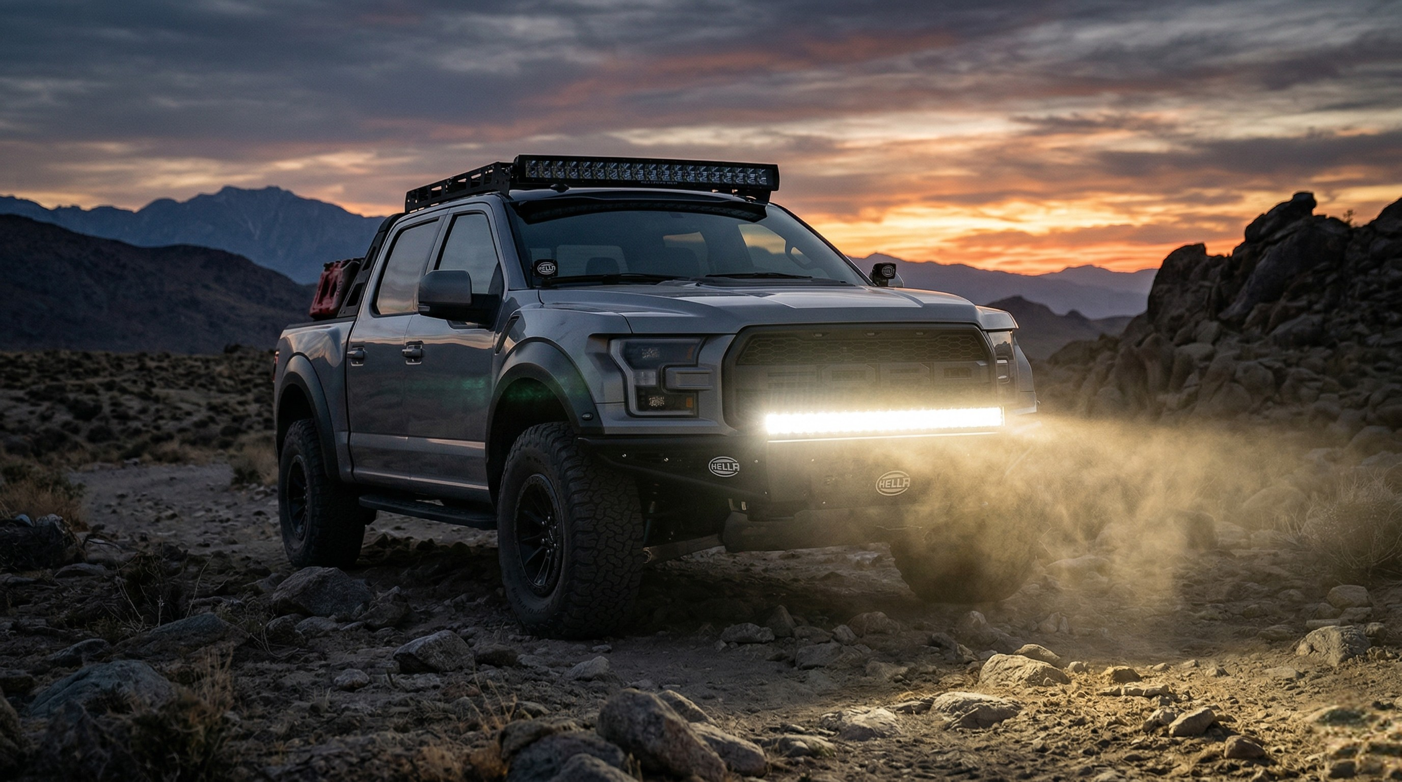 Truck meet at night with dramatic lighting